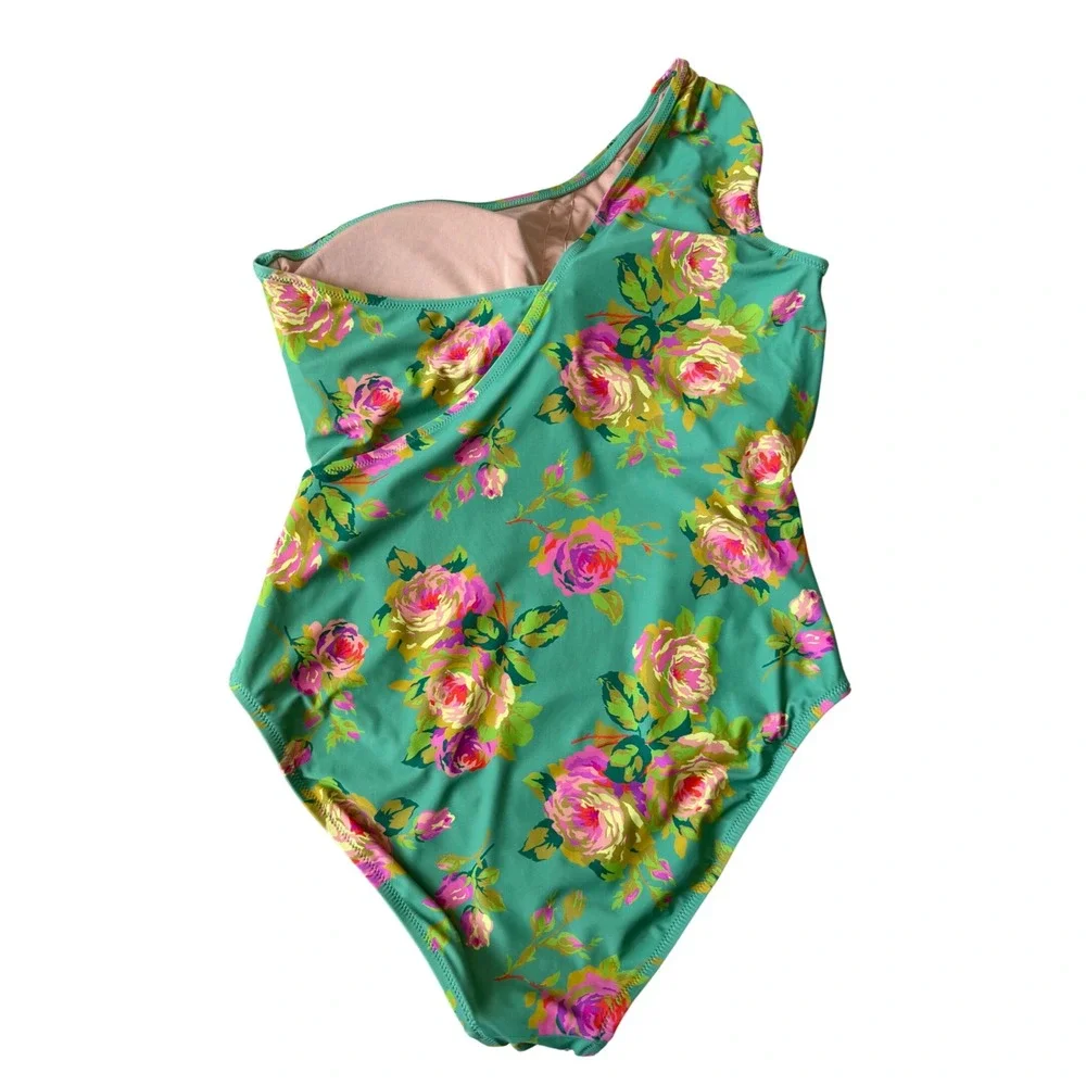 J Crew Swimsuit Ruched one shoulder one piece rose garden Green 14